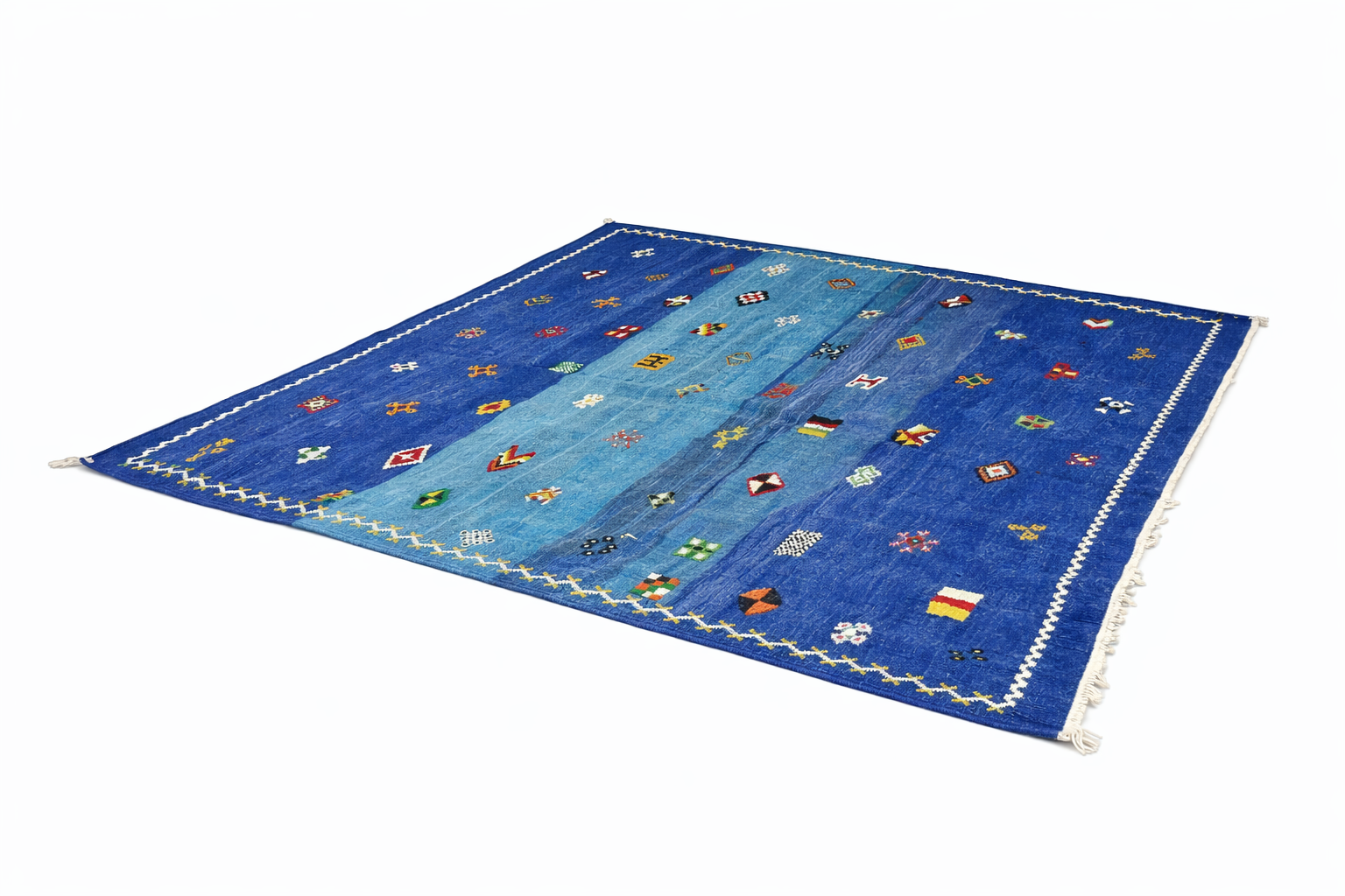 Vibrant Moroccan Rug 7x8 - Handmade Blue Berber Rug - Akhnif Square Carpet